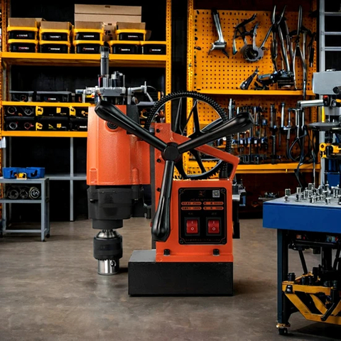 Taladro magnético en vibrantes colores naranja, azul y verde