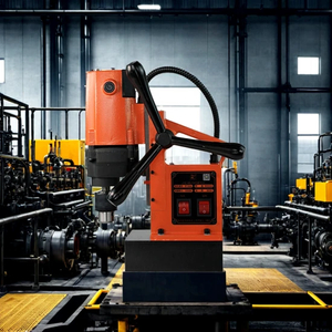 Taladro magnético en vibrantes colores naranja, azul y verde, recorrido máximo de 145 mm